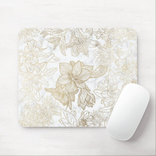 Tapis De Souris Elégant moderne blanc gris or marbre floral