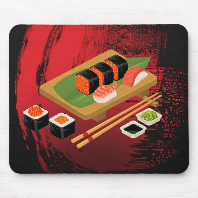 Tapis De Souris Élégant Moderne Chic Sushi Noir & Rouge (Devant)