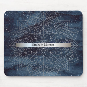 Tapis De Souris Elégant moderne en argent Mandala Stripe Navy bleu