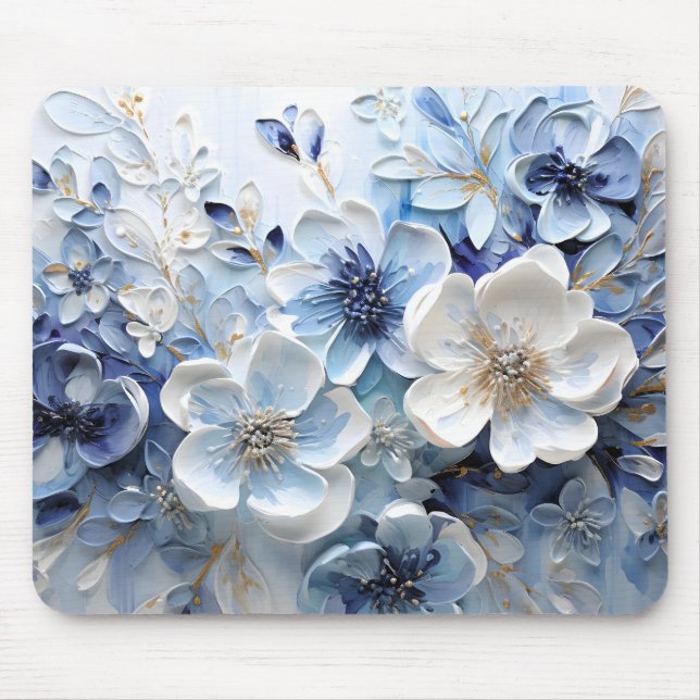 Tapis De Souris Élégant Moderne Fleur Botanique Bleu Blanc (Devant)
