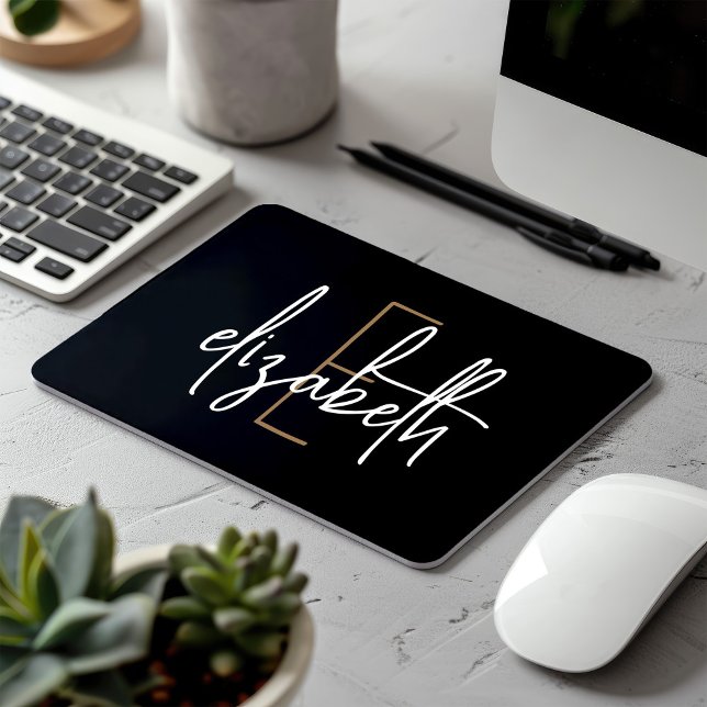 Tapis De Souris Élégant Monogram Black Gold Script (Créateur téléchargé)