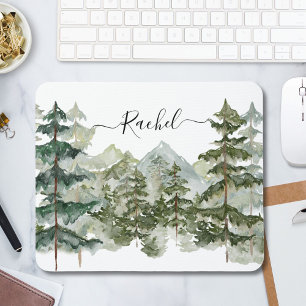 Tapis De Souris Élégant Monogramme Aquarelle Pine Forêt Montagne