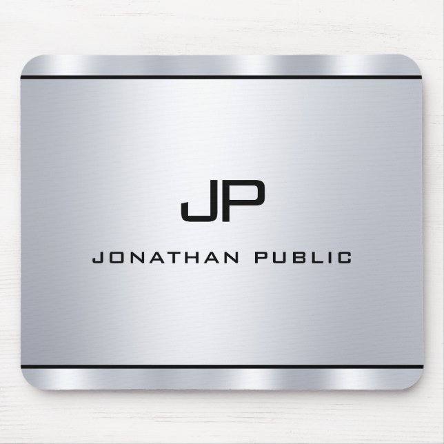 Tapis De Souris Élégant Monogramme d'Argent Métallique Moderne (Devant)