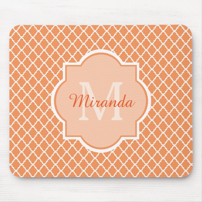 Tapis De Souris Élégant Monogramme De Quatrefoil Orange Avec Nom (Devant)