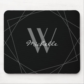 Tapis De Souris Élégant Monogramme gris noir Nom géométrique Scrip