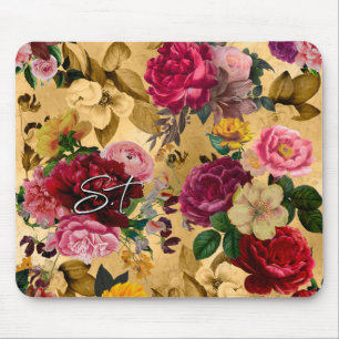 Tapis De Souris Élégant monogramme jaune de fleurs roses