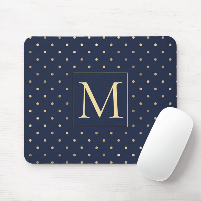 Tapis De Souris Élégant Monogramme Pois d'or bleu marine (Avec souris)
