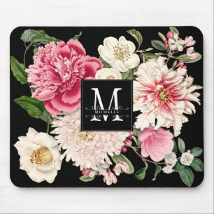 Tapis De Souris Élégant Monogramme torsades Vintage noir floral 