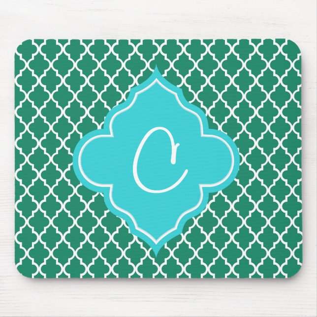 Tapis De Souris Élégant monogramme vert et turquoise de quatrefoil (Devant)