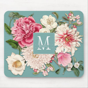 Tapis De Souris Élégant Monogramme Vintage Frotte Monnaie Floral