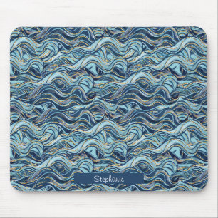 Tapis De Souris Élégant Motif à vague bleue avec accents or