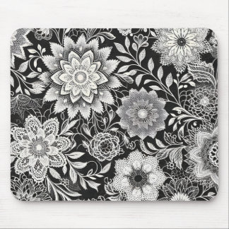 Tapis De Souris Élégant Motif de dentelle florale noir et blanc