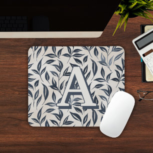 Tapis De Souris Élégant Motif de Feuille en Crème Bleue Monogrammé