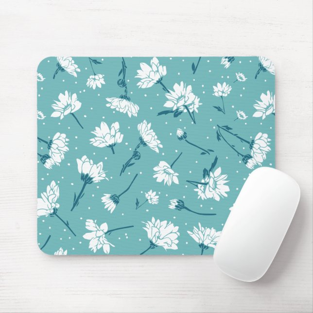 Tapis De Souris Élégant motif floral - Botanique Turquoise et blan (Avec souris)
