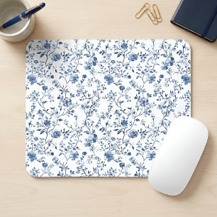 Tapis De Souris Élégant motif floral toile de Jouy bleue