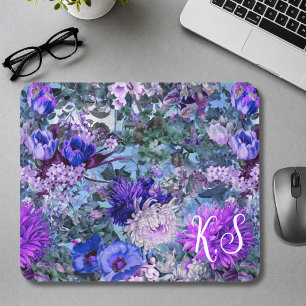 Tapis De Souris Élégant motif floral violet bleu monogramme
