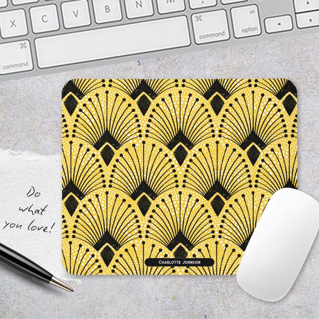 Tapis De Souris Élégant Motif Peacock Art Déco Jaune intemporel (Stylish Art Deco Yellow Peacock Pattern Mouse Pad ©Susanne Sachers - Sunny Mind 🌞)