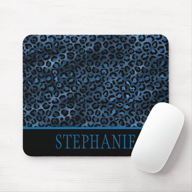 Tapis De Souris Elegant Navy Blue Cheetah Leopard Print Name (Avec souris)
