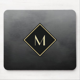 Tapis De Souris Élégant Noir Brossé Avec Monogramme Or Simple