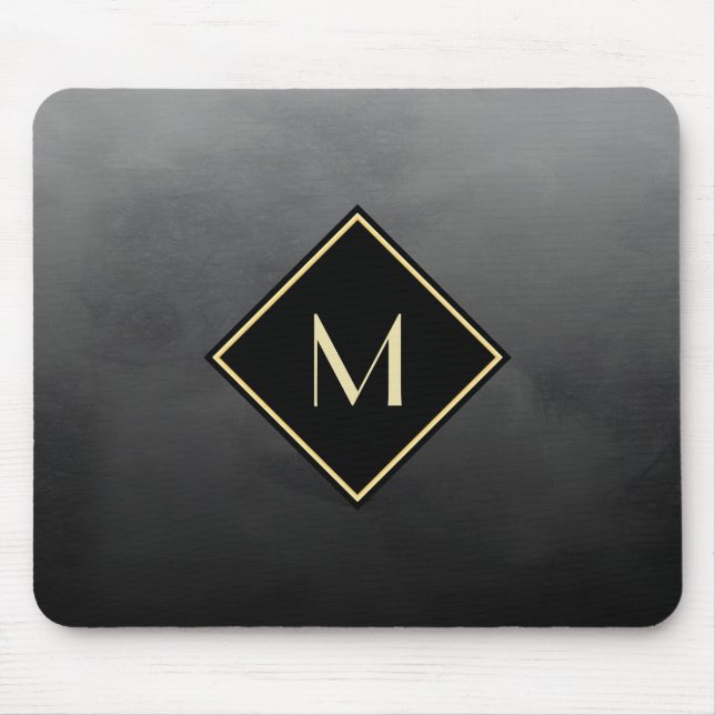 Tapis De Souris Élégant Noir Brossé Avec Monogramme Or Simple (Devant)