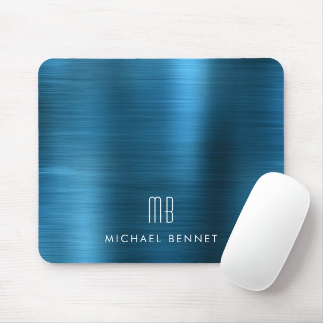 Tapis De Souris Élégant Nom du monogramme métallique bleu (Avec souris)