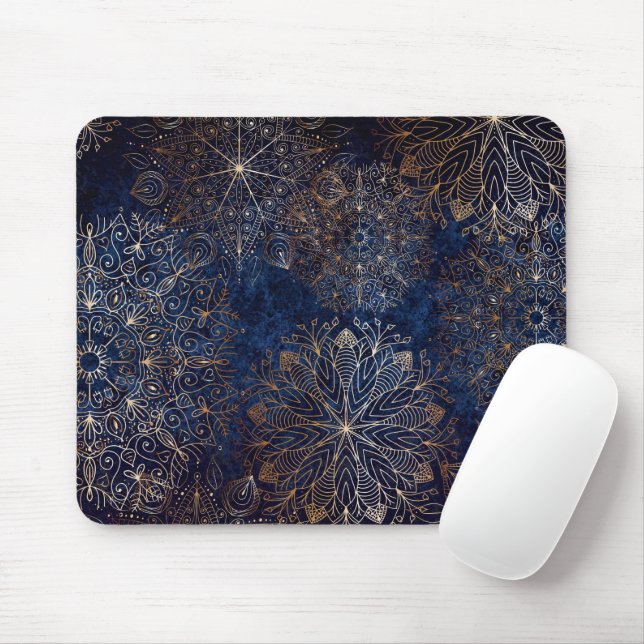 Tapis De Souris Elégant or et bleu foncé Motif de mandala (Avec souris)