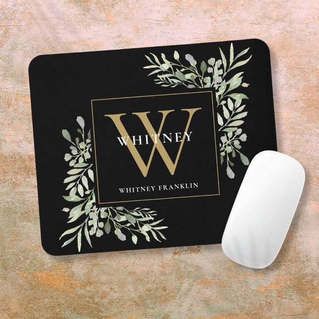 Tapis De Souris Élégant or et noir Monogramme vert Floral (Elegant Gold and Black Monogram Greenery Floral Mouse Pad)