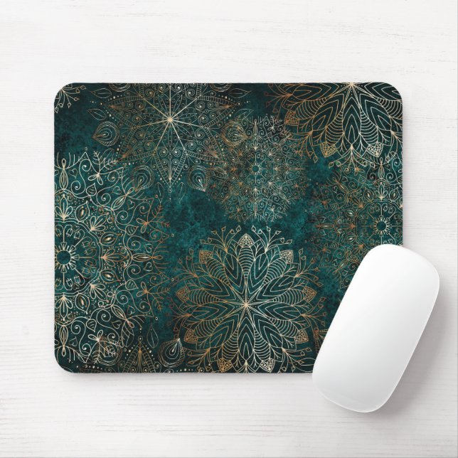 Tapis De Souris Elégant or et Turquoise vert Floral Mandala Motif (Avec souris)
