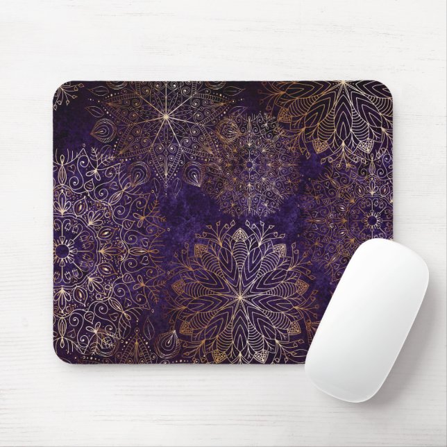 Tapis De Souris Élégant or et violet Motif de mandala Floral (Avec souris)