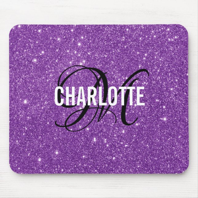 Tapis De Souris Élégant parties scintillant violet nom monogramme  (Devant)