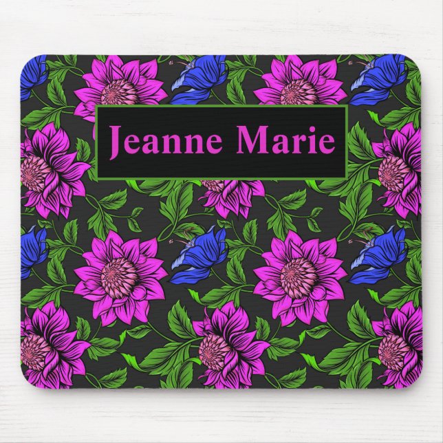 Tapis De Souris Elegant Pink And Blue Flower Black Background (Devant)