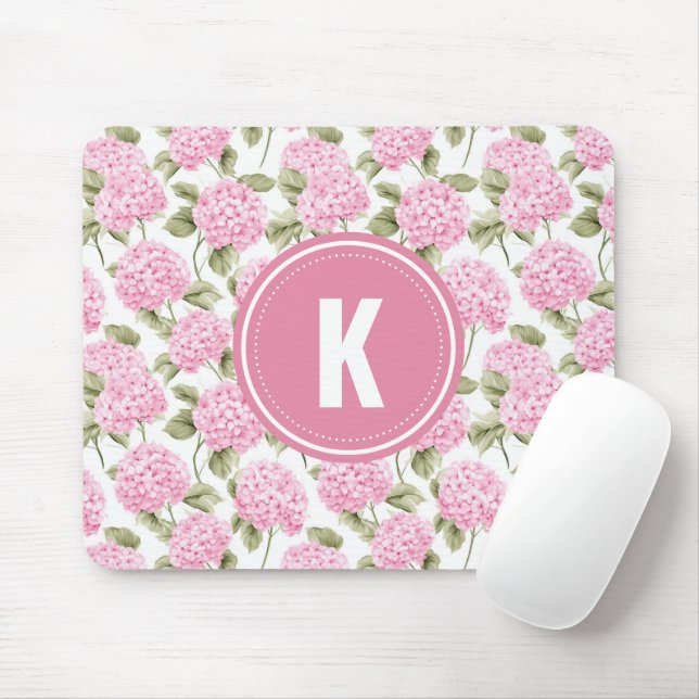 Tapis De Souris Elegant Pink Hydragea Flowers Pattern Monogram (Avec souris)