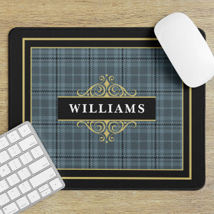 Tapis De Souris Élégant Plaid Noir Or Gris Monogramme