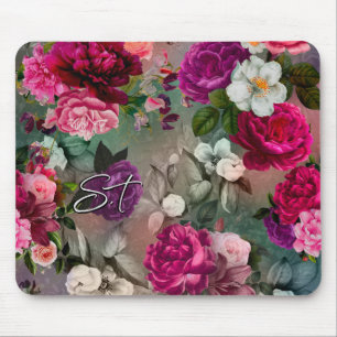 Tapis De Souris Élégant rose fleurs gris monogramme
