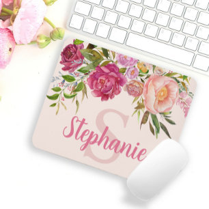 Tapis De Souris Élégant rose floral verdure Monogramme Nom initial