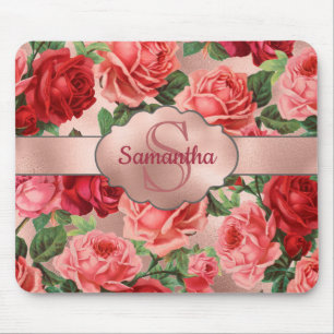 Tapis De Souris Élégant rose rose Vintage Roses Floral Monogramme