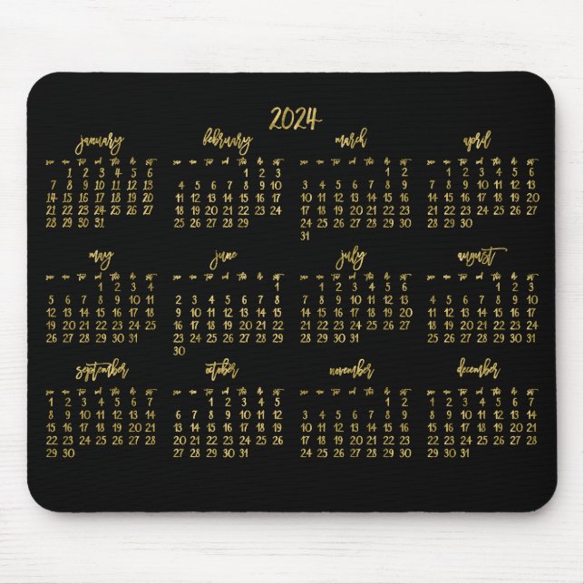 Tapis De Souris Élégant Script Black Et Faux Gold Calendrier 2024 (Devant)