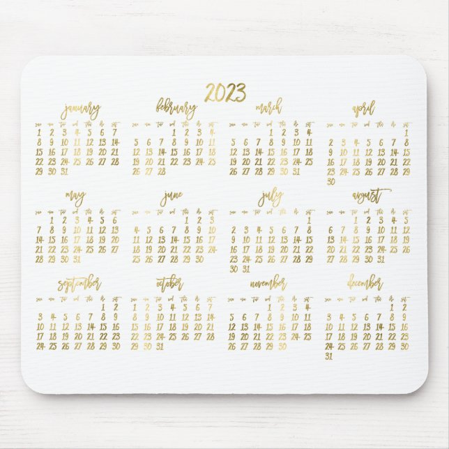 Tapis De Souris Élégant Script Blanc Et Faux Gold Calendrier 2023 (Devant)