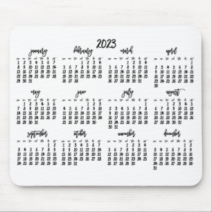 Tapis De Souris Élégant Script Blanc Et Noir Calendrier 2023