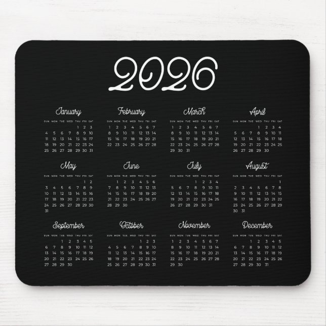 Tapis De Souris Élégant script vintage 2025 Calendrier noir (Devant)