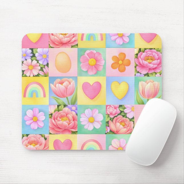 Tapis De Souris Elegant Spring Blossoms Heart Checkerboard Pattern (Avec souris)