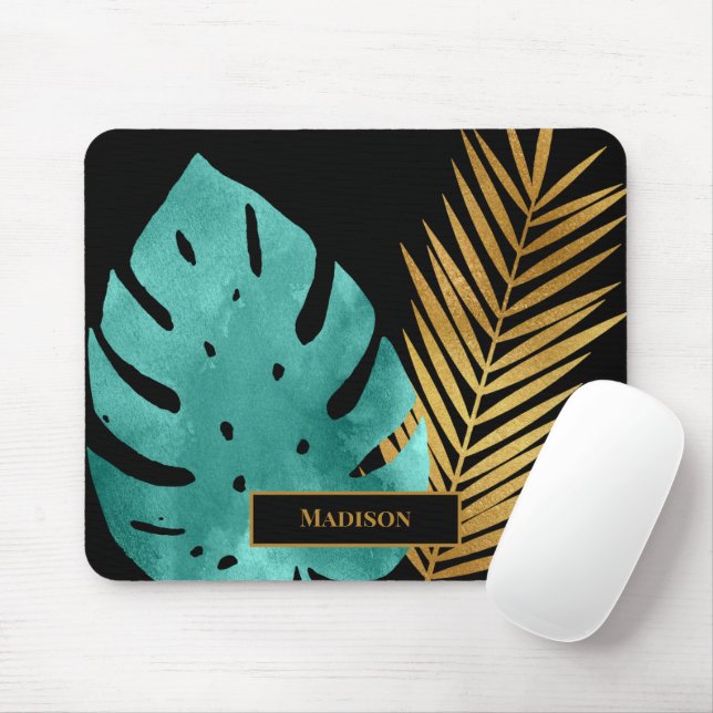 Tapis De Souris Elegant Teal Gold Tropical Leaves Black Monogram (Avec souris)