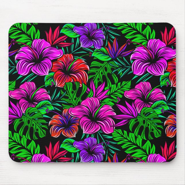 Tapis De Souris Élégant Tropical Rose Rouge Violet Hibiscus Fleur (Devant)