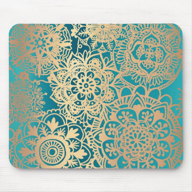 Tapis De Souris Elégant Turquoise vert et or Floral Mandala Motif (Devant)