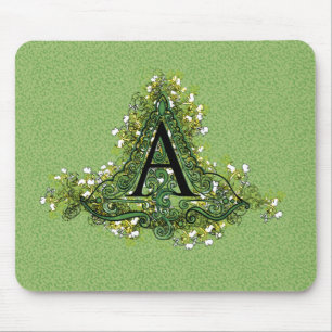 Tapis De Souris Élégant vert Vintage Floral initial Un monogramme