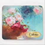 Tapis De Souris Elegant Vintage Pink Roses Painting Name<br><div class="desc">Delicate pink vintage roses and leaves on sky blue background,  makes a wonderful gift for a romantic soul and flower lover.</div>