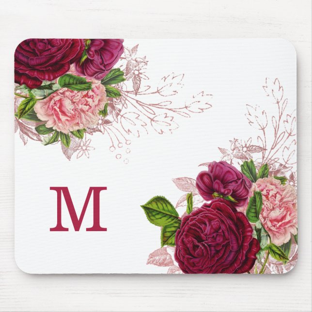 Tapis De Souris Élégant violet rose Floral blanc Monogramme (Devant)