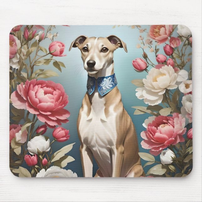 Tapis De Souris Elégant Whippet Portrait rose Peony Flowers (Devant)