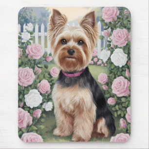 Tapis De Souris Elégant Yorkshire Terrier Rose Jardin Peinture