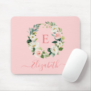 Tapis De Souris Elégante aquarelle rose blanc monogramme floral